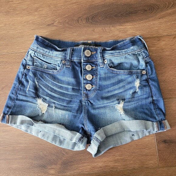 Express Jeans Womens Sz 00 Button 2" Stretch Distressed Rolled Hem Denim Shorts - Picture 1 of 7